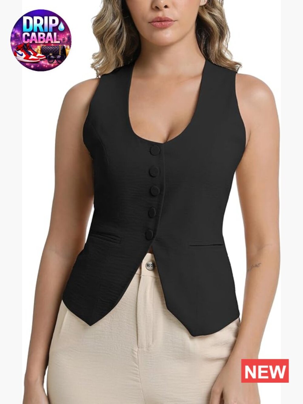 U-Neck Button Casual Suit Vest Lightweight Sleeveless Fully Lined Blazer